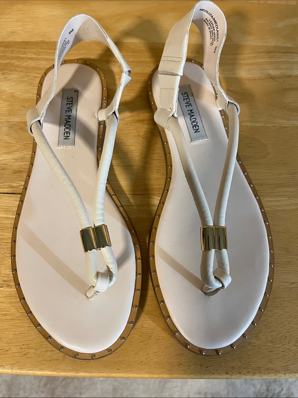 Steve Madden Cream T-Strap Studded Slingback Sandals with Gold Accent